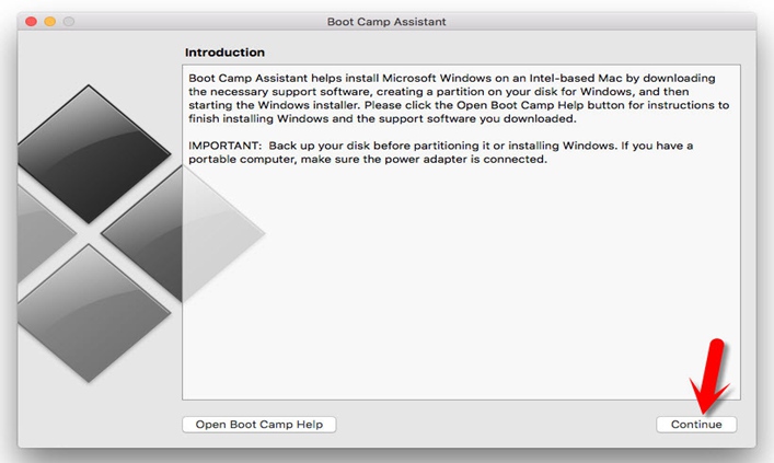 Click Continue on Boot Camp Assistant