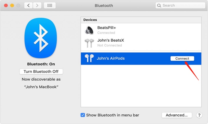 Select Connect on Bluetooth AirPods Option