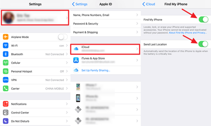 Enable Find My iPhone on iPhone