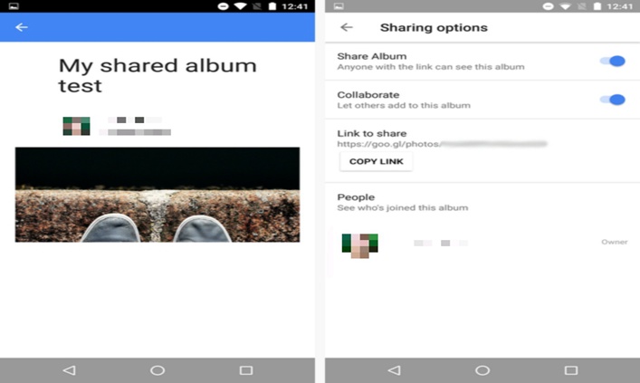 Sharing Feature of Google Photos