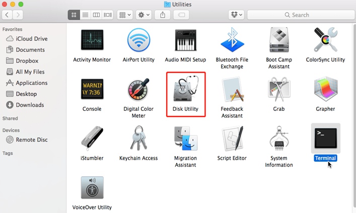 Select Disk Utility on Utilities Interface
